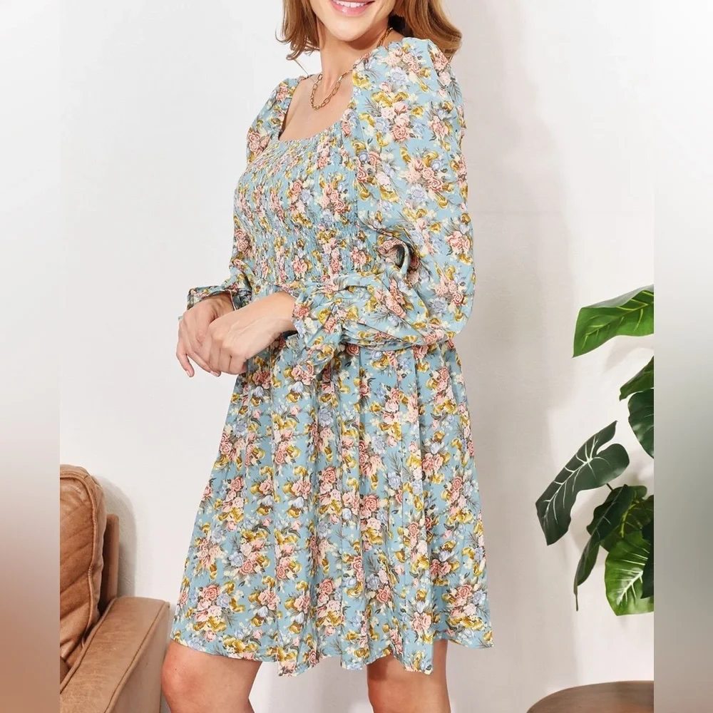 NEW Double Take Spring Floral Smocked Long Ruffle Sleeve Square Neck Dre… - Picture 5 of 12